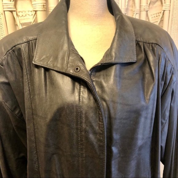 VINTAGE 80s Leather Jacket Black Bomber Oversized Batwing Sleeve Comint Large - Picture 2 of 16